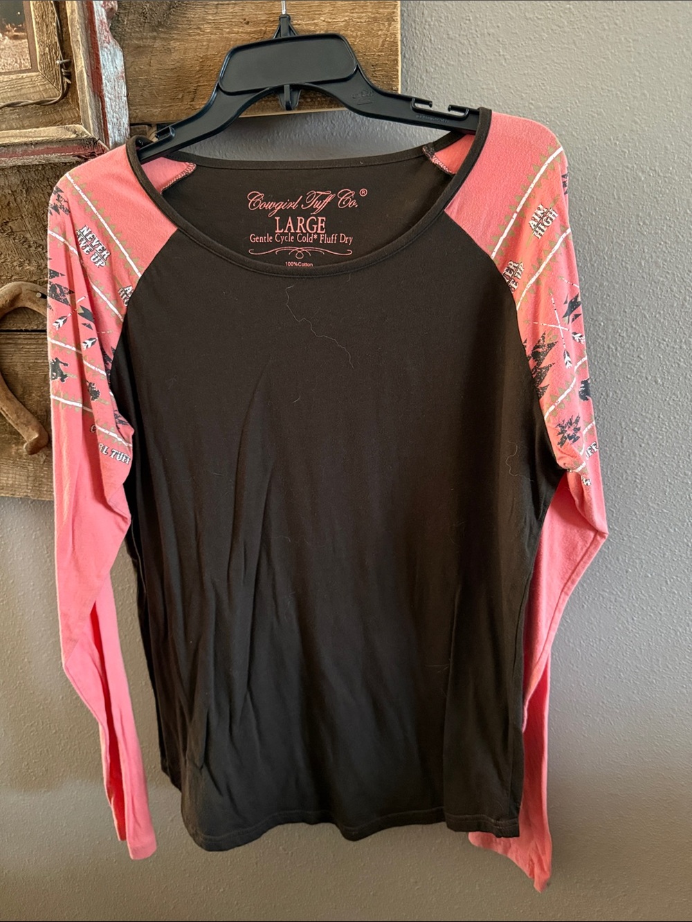 Cowgirl Tuff Brown Top with Coral Patterned Raglan Sleeves